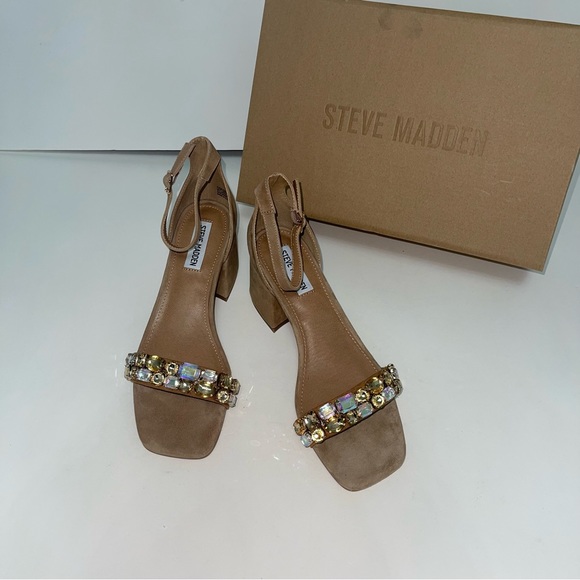 Steve Madden Tan Suede Malay Embellished Ankle Strap Block Heel Sandal New N Box - Picture 5 of 17